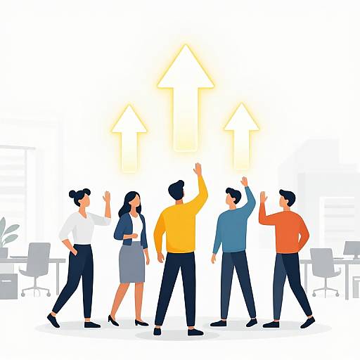 Illustration of six diverse office workers raising arms, facing away, with yellow upward arrows background, standing in front of desks.