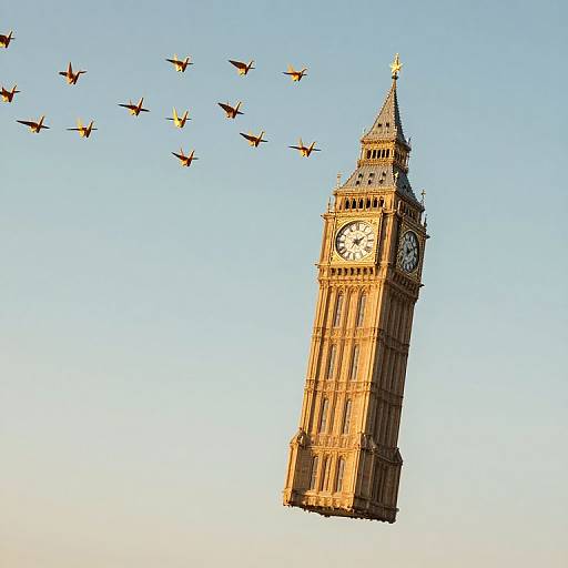 Photograph of the London Big Ben clock tower floating against a clear blue sky, with a flock of birds flying diagonally across.