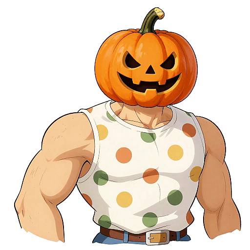Pumpkin Head Muscular Man with Cat