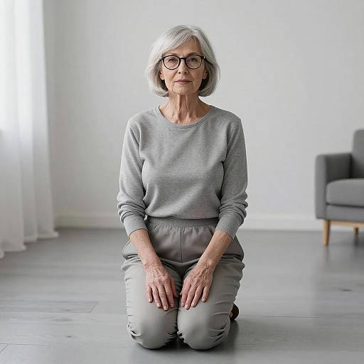 Photograph of an elderly woman with short gray hair, glasses, gray sweater, and pants, kneeling on a light gray floor in a minimalist, white