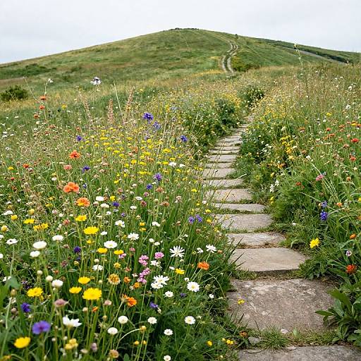 Colorful meadow path: stone steps flanked by vibrant wildflowers, leading up a green hill under a bright white sky. Photograph.