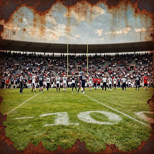 Photograph of a packed stadium showing two football teams, one in black and white, the other in red, lined up on a green field under bright