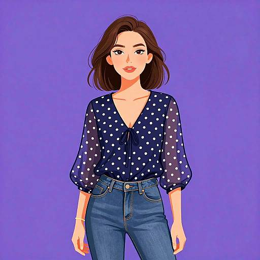 Digital illustration of a woman with fair skin, brown hair, wearing a navy polka dot blouse and blue jeans, against a purple background.