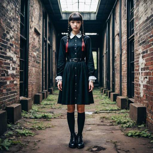 Woman in Wednesday Addams Outfit in Abandoned Warehouse