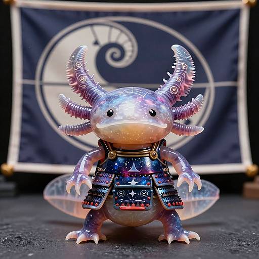 Photograph of a transparent, dragon-like figure with intricate purple and silver horns, wearing blue and black samurai armor, standing in front of a navy