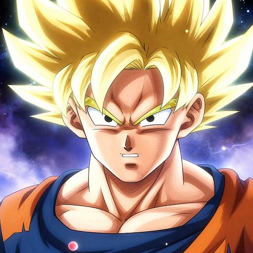 Digital anime-style portrait of a muscular, blonde-haired male with spiky hair, intense expression, and glowing aura, wearing a blue and orange shirt.