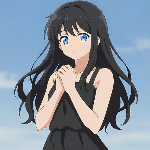 Anime Young Woman with Black Hair and Blue Eyes