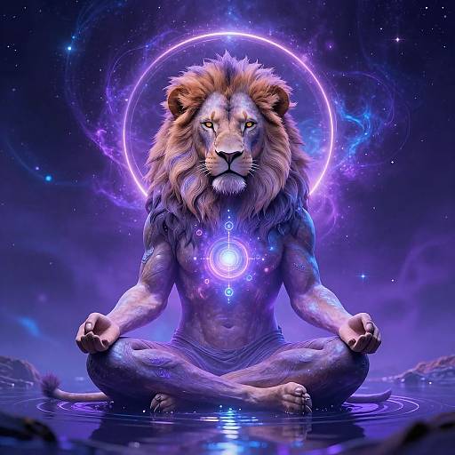 Mystical Meditating Lion in Cosmos