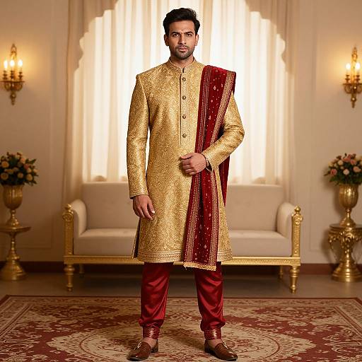 Photograph of a handsome man with dark hair and beard, wearing a gold embroidered kurta, red silk pajamas, and maroon velvet shawl