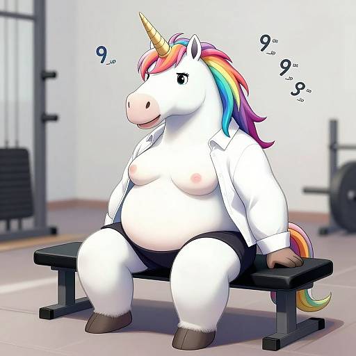 Digital drawing of a chubby, anthropomorphic unicorn with rainbow mane, white shirt, black shorts, sitting on a gym bench, surrounded by weightlifting equipment