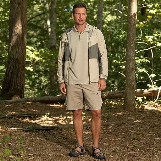 Photograph of a muscular, middle-aged man with short brown hair, wearing a beige outdoor jacket and shorts, standing in a sunlit forest.