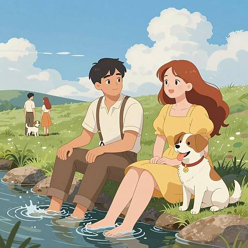 Young Couple by the Stream Illustration