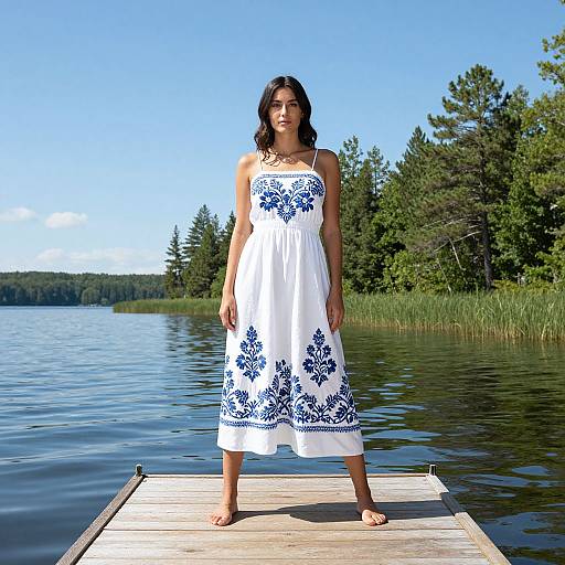 Photograph of a woman with dark wavy hair, wearing a white sundress with blue floral patterns, standing on a wooden dock by a calm lake