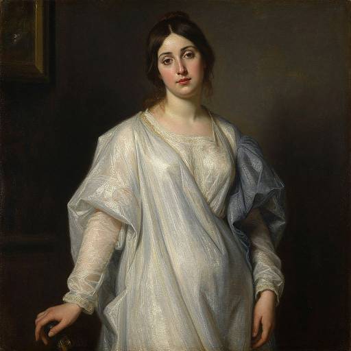 Portrait of a young Caucasian woman with fair skin and dark brown hair, wearing a sheer white gown with blue drapery, standing against a dark background