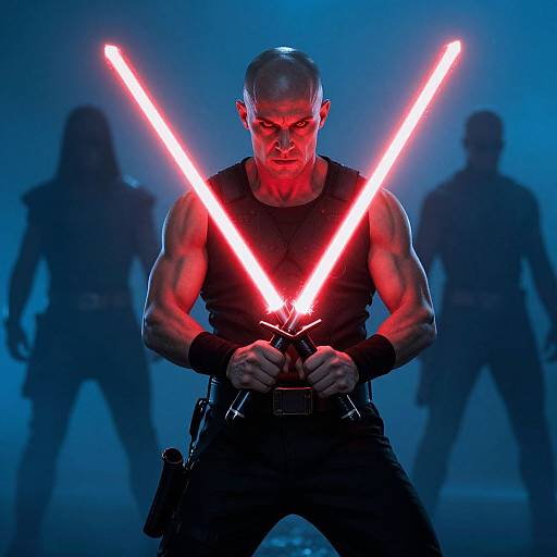 Photograph of a muscular, bald man with red lightsaber held in a 