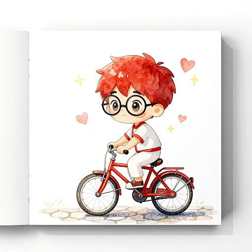 Watercolor Illustration of Boy Riding Vintage Bicycle