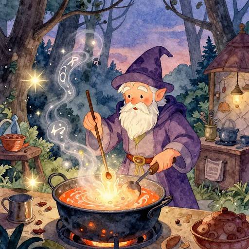 Whimsical Sorcerer Cooking Enchanted Stew