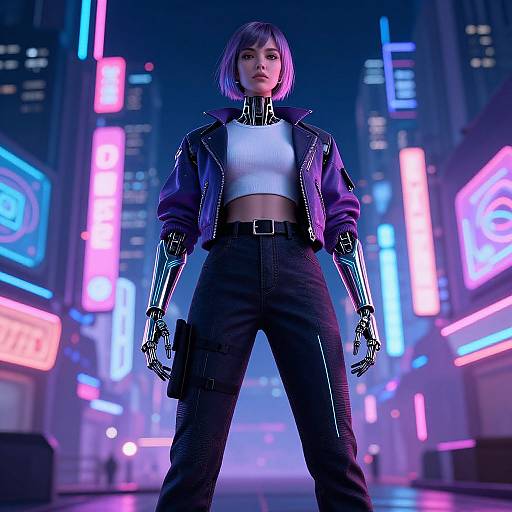 Cyberpunk woman with purple bob, white crop top, black high-waisted pants, metallic jacket, and arm extensions, stands confidently in neon