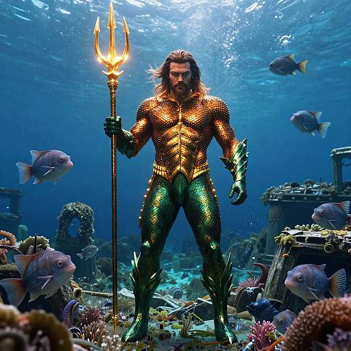 Photorealistic digital artwork of a muscular, bearded merman with glowing orange and green scales, holding a trident, standing amidst colorful coral reefs