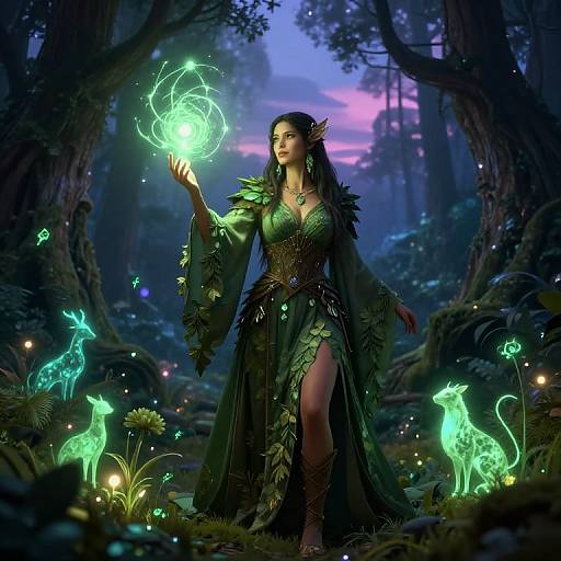 Digital fantasy artwork: A dark-haired, green-clad fairy woman with leafy dress and flower crown conjures glowing green magic in a mystical, twilight