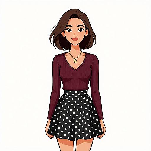 Digital illustration of a young woman with short brown hair, wearing a maroon long-sleeve top and black polka dot skirt, smiling, standing