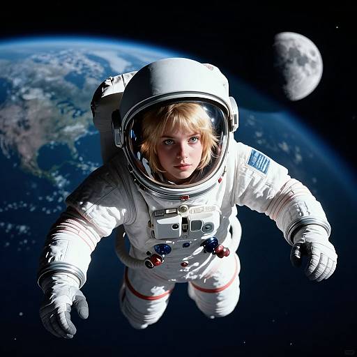 Photorealistic CGI of a blonde astronaut in a white spacesuit floating in space, gazing at Earth and a moon in the background.