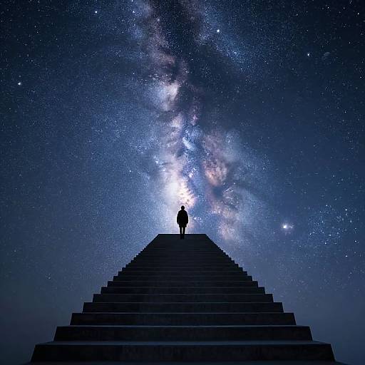 Silhouetted figure at top of a pyramid, gazing at the Milky Way galaxy, star-filled night sky. Digital art, cosmic theme.