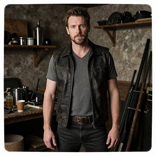 Photograph of a handsome, bearded man with blue eyes, wearing a black leather vest over a gray shirt, standing in a rustic, cluttered