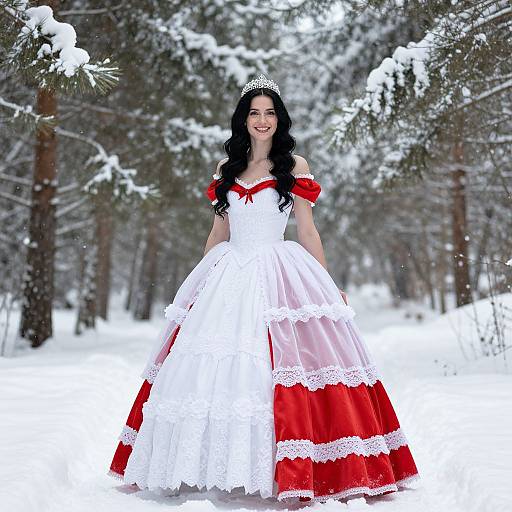 Photograph of a smiling woman with long black hair, wearing a white and red lace ball gown, silver tiara, standing in a snowy forest.