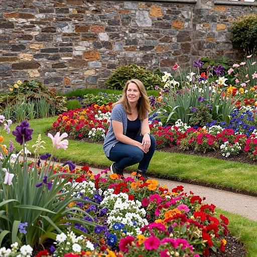 Photograph of a smiling woman with brown hair, wearing a blue shirt and jeans, squatting in a vibrant garden bed filled with colorful flowers, against