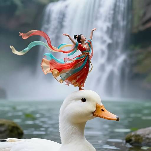 Photograph of a dancer in a red and turquoise saree, arms raised, standing on a white duck's head, with a waterfall in the background