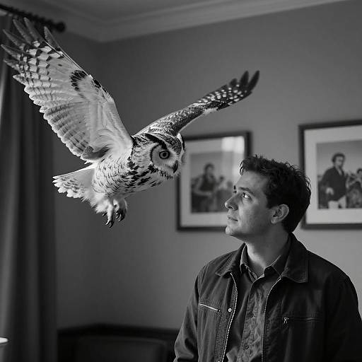 Man Observing Flying Owl Indoors