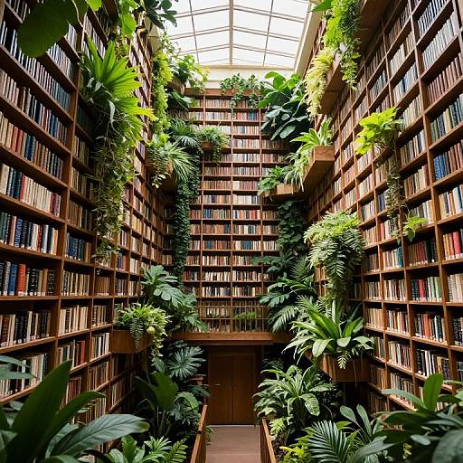 Photograph of a lush, green-filled, wooden bookshelf library with tall, narrow shelves, vibrant foliage, and a glass-roofed ceiling.