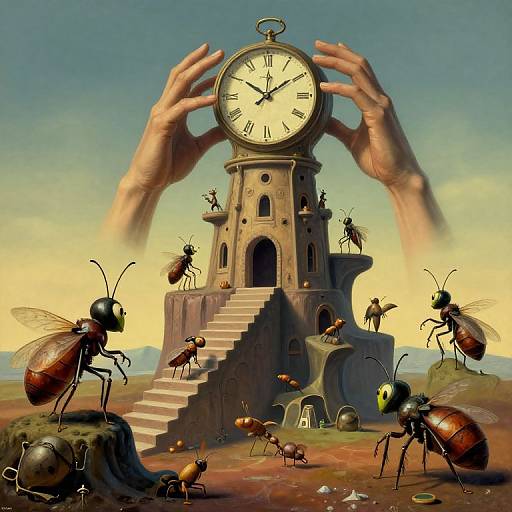 Digital artwork: Giant hands adjust clock tower, surrounded by detailed, realistic ants on rocky terrain with a yellow-orange sky backdrop.