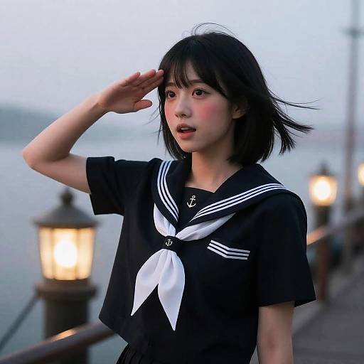 Young Woman in Sailor School Uniform Saluting at Dusk
