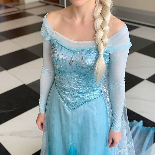 Photograph of a woman in an off-shoulder, shimmering light blue Elsa-inspired dress with long sleeves, braided blonde hair, standing on