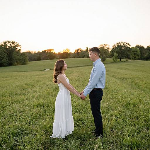 Photograph of a couple holding hands in a grassy field at sunset, the woman in a white dress and the man in a light blue shirt and