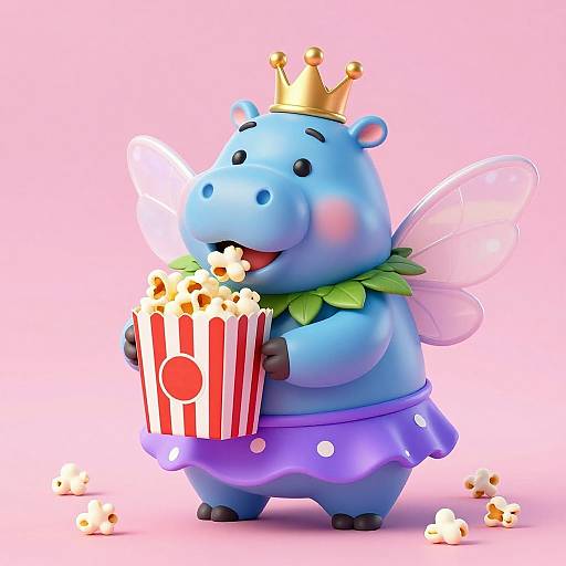 Whimsical Fairy Hippo Enjoying Popcorn
