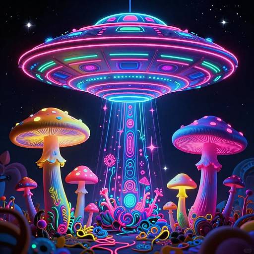 Neon UFO and Psychedelic Mushrooms