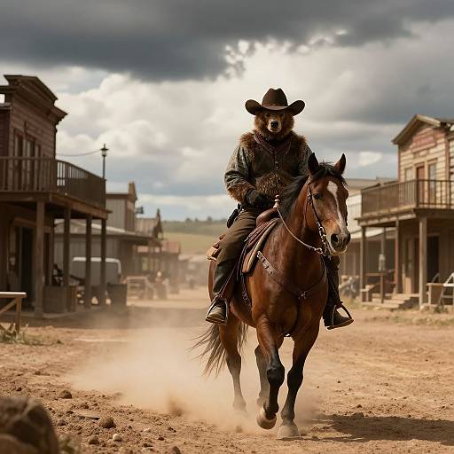 Bear Cowboy Riding Through Wild West