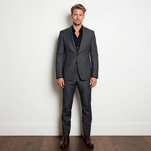 Photograph of a handsome, tall, light-skinned man with short, styled brown hair and a beard, wearing a dark gray suit, black shirt