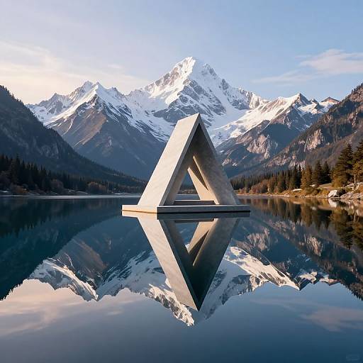 Photograph of a modern, white geometric concrete sculpture floating on a mirror-like lake, with snow-capped mountains and clear blue sky in the background.