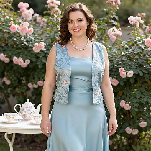 Photograph of a smiling woman with curly brown hair, wearing a light blue satin dress, lace-trimmed jacket, and pearl necklace, standing in