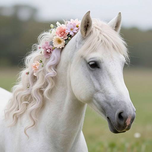 Photograph of a white horse with a flowing, curly mane adorned with pink and white flowers, standing in a green field.