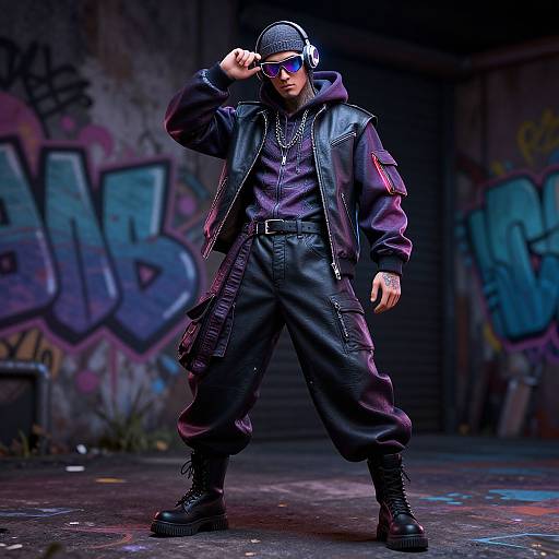Photograph of a confident, muscular man in black leather jacket, pants, and boots, wearing a black cap and sunglasses, standing in a graffiti-covered