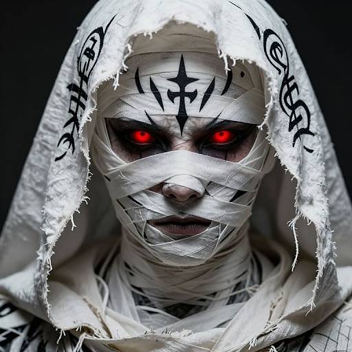 Close-up photograph of a menacing figure with glowing red eyes, white bandaged face, and hood, adorned with black tribal markings.
