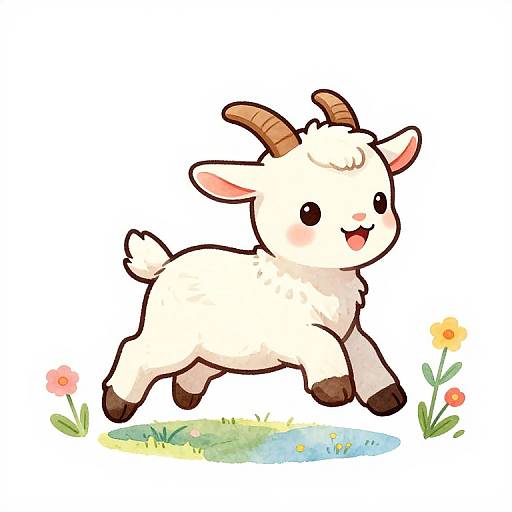Cute digital drawing of a white, fluffy baby goat with brown horns, black eyes, and a smiling mouth, running on grass with colorful flowers.