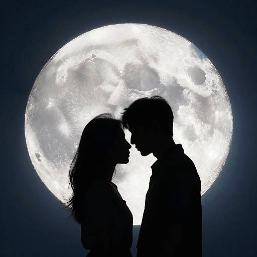 Silhouetted couple facing each other against a bright, full moon in the night sky. Digital art, high contrast, romantic.