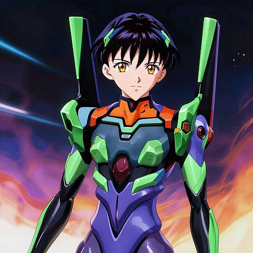 Digital anime-style illustration of a determined young woman with short black hair, wearing a colorful, futuristic, form-fitting bodysuit, set against a