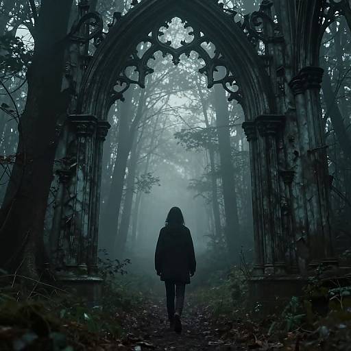 Photograph of a dark, misty forest with a large, Gothic archway. Silhouetted figure, wearing a coat, walks through the